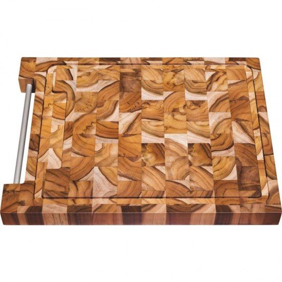 TABUA INVERTIDA DE MADEIRA TECA QUADRADA COM ALCA DE TUBO DE ALUMINIO P CHURRASCO ENV TRAMONTINA