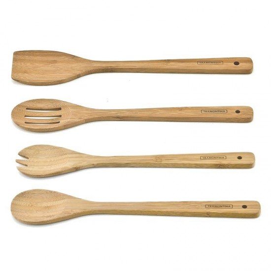 CONJUNTO DE UTENSILIOS DE MADEIRA BAMBU PARA ALIMENTOS NATURAL 4 PEÇAS  TRAMONTINA