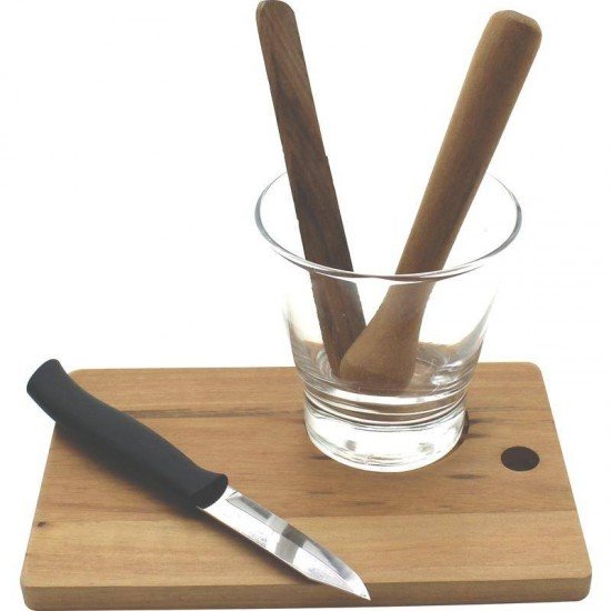 CONJUNTO DE TABUA DE MAD MUIRACATIARA RETN P CAIPIRINHA COM COPO AMASSADOR FACA ACO INOX TRAMONTINA
