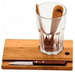 CONJUNTO DE TABUA DE MAD MUIRACATIARA RETN P CAIPIR. COPO AMASSA. ESPATU. FACA ACO INOX TRAMONTINA