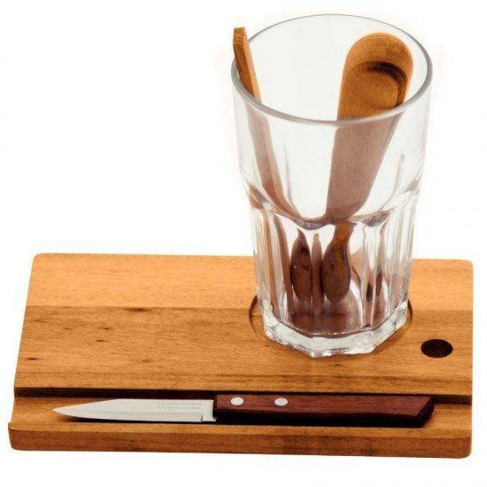 CONJUNTO DE TABUA DE MAD MUIRACATIARA RETN P CAIPIR. COPO AMASSA. ESPATU. FACA ACO INOX TRAMONTINA