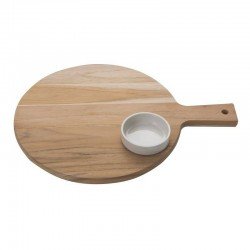 CONJ DE TABUA DE MAD TECA CIRCULAR COM ALCA E POTE DE PORCELANA P PETISCOS NATURAL 2 PC TRAMONTINA