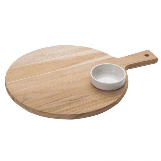 CONJ DE TABUA DE MAD TECA CIRCULAR COM ALCA E POTE DE PORCELANA P PETISCOS NATURAL 2 PC TRAMONTINA