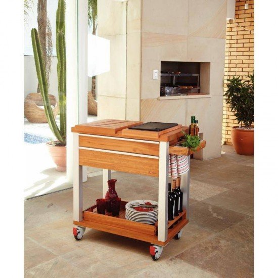 FSC CARRO DE CHURR. DE MADEIRA MUIRACATIARA COM LATERAL DE ALUMINIO E GRILL EM FERRO ENV TRAMONTINA