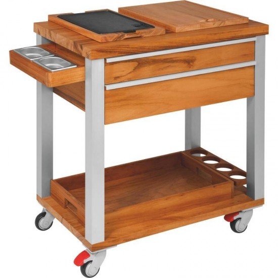 FSC CARRO DE CHURR. DE MADEIRA MUIRACATIARA COM LATERAL DE ALUMINIO E GRILL EM FERRO ENV TRAMONTINA