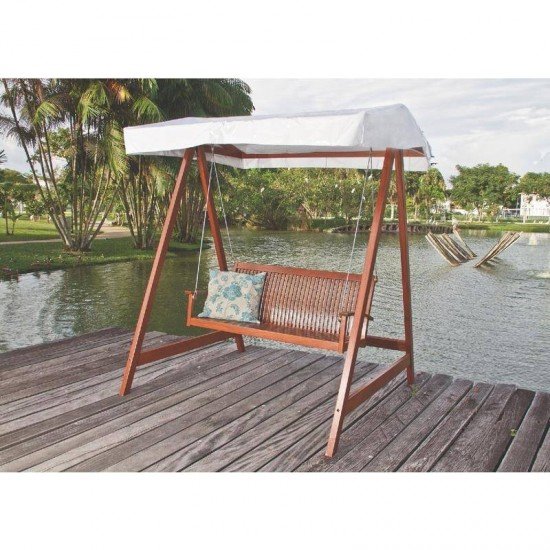 BANCO DE BALANCO COM ENCOSTO DE MADEIRA JATOBA COM TOLDO DE LONA BRAN. TERRAZZO FITT ENV. TRAMONTINA