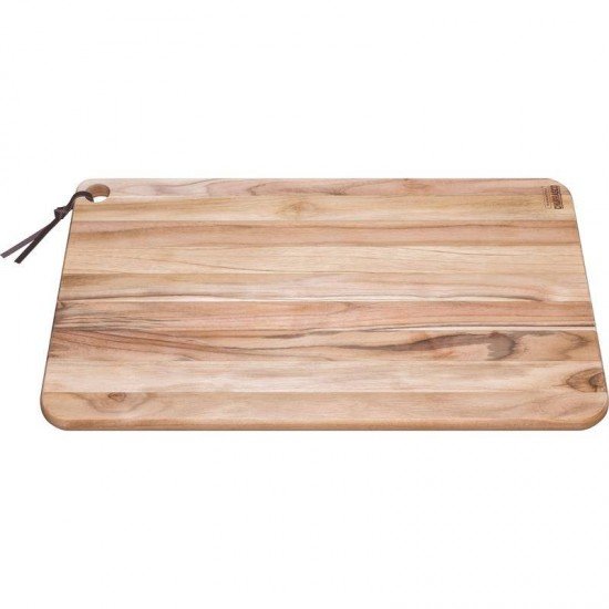 TABUA DE MADEIRA TECA RETN COM TIRA EM COURO P CORTAR E SERVIR CHURRASCO NATURAL 600X360 TRAMONTINA