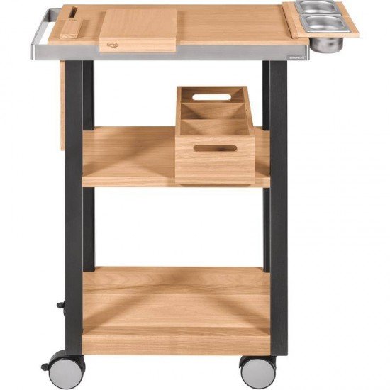 CARRO DE CHURRASCO DE MADEIRA TAUARI ENVERNIZADO E TING. PO COM CUBA EMPUNHA. EM ACO INOX TRAMONTINA