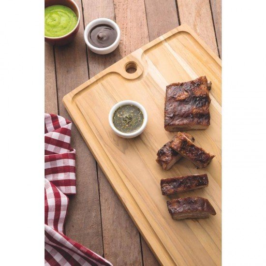 TABUA DE MADEIRA TECA RETANGULAR PARA CHURRASCO NATURAL 350X230X18 TRAMONTINA
