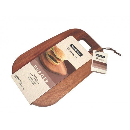 TABUA DE MADEIRA MOGNO AFRICANO RETN COM ALCA E TIRA EM COURO P BURGUER ENV OLEO 340MM TRAMONTINA