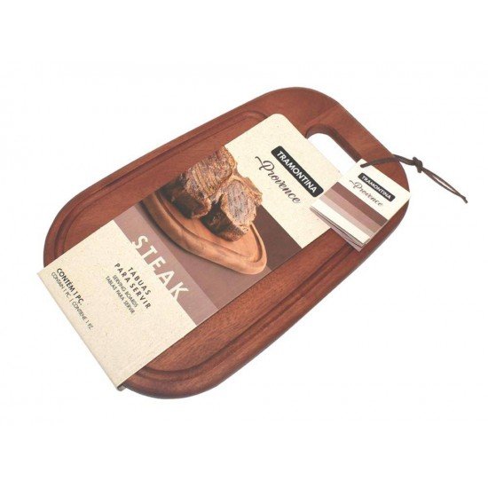 TABUA DE MADEIRA MOGNO AFRICANO RETN COM ALCA E TIRA EM COURO P CHURRASCO ENV OLEO 340MM TRAMONTINA