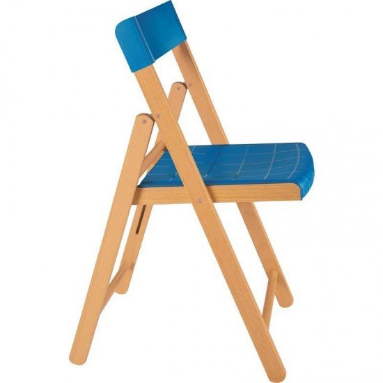 CADEIRA DE MADEIRA TAUARI COM ASSENTO E ENCOSTO EM PLASTICO AZUL POTENZA ENVERNIZADO