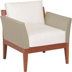 POLTRONA DE MADEIRA JATOBA COM ASS. E ENC. ESTOFADO E BRACO EM FIBRA BEGE TERRAZO NATURAL