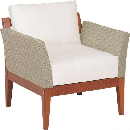 POLTRONA DE MADEIRA JATOBA COM ASS. E ENC. ESTOFADO E BRACO EM FIBRA BEGE TERRAZO NATURAL