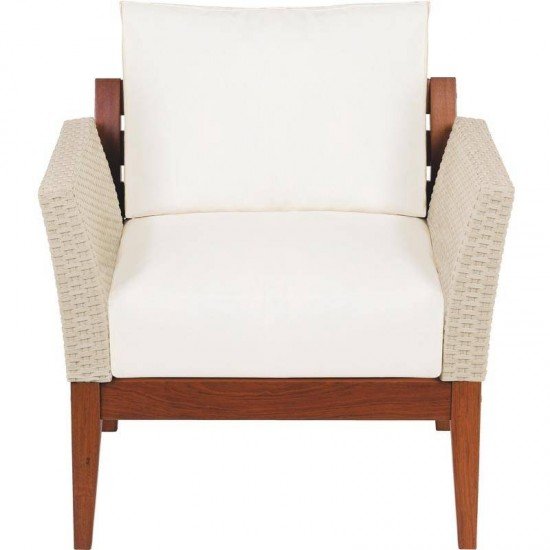 POLTRONA DE MADEIRA JATOBA COM ASS. E ENC. ESTOFADO E BRACO EM FIBRA BEGE TERRAZO ECO