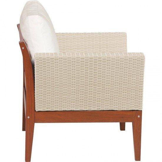 POLTRONA DE MADEIRA JATOBA COM ASS. E ENC. ESTOFADO E BRACO EM FIBRA BEGE TERRAZO ECO