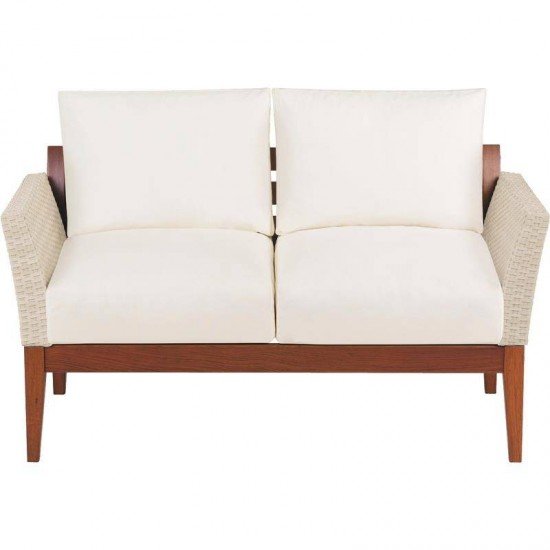 SOFA DE MADEIRA JATOBA COM ASS. E ENC. ESTOFADO E BRACO EM FIBRA BEGE TERRAZZO FIBRA ENV.