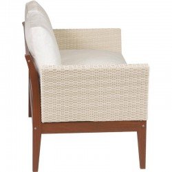 SOFA DE MADEIRA JATOBA COM ASS. E ENC. ESTOFADO E BRACO EM FIBRA BEGE TERRAZZO FIBRA ENV.