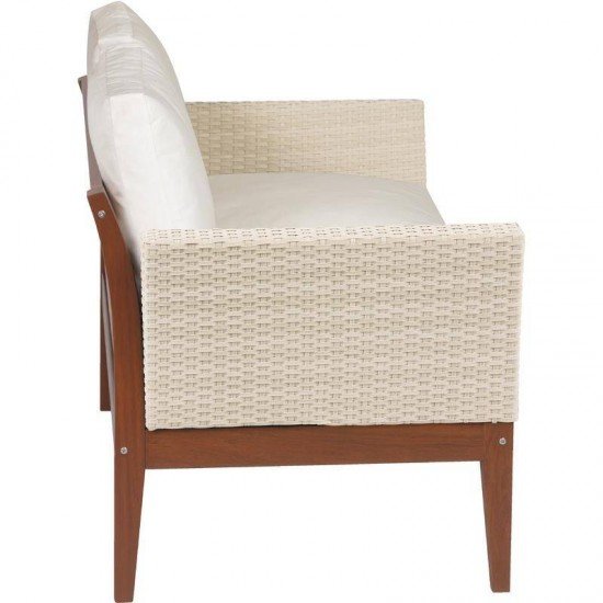 SOFA DE MADEIRA JATOBA COM ASS. E ENC. ESTOFADO E BRACO EM FIBRA BEGE TERRAZZO FIBRA ENV.