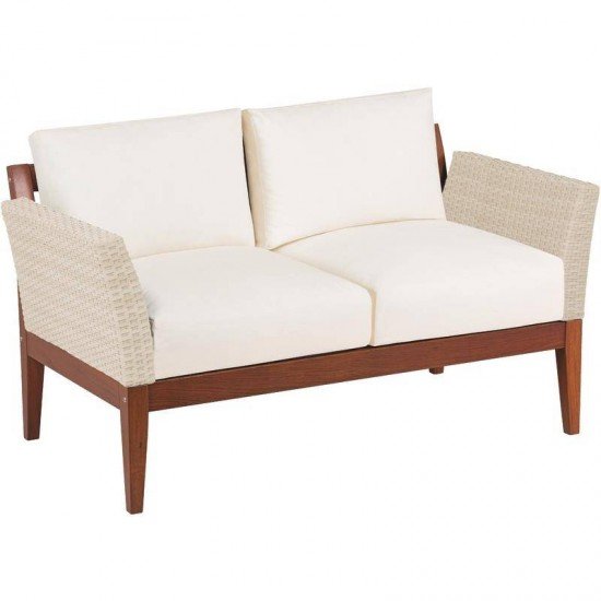 SOFA DE MADEIRA JATOBA COM ASS. E ENC. ESTOFADO E BRACO EM FIBRA BEGE TERRAZZO FIBRA ENV.