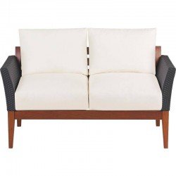 SOFA DE MADEIRA JATOBA COM ASS. E ENC. ESTOFADO E BRACO EM FIBRA PRETA TERRAZZO FIBRA NATURAL