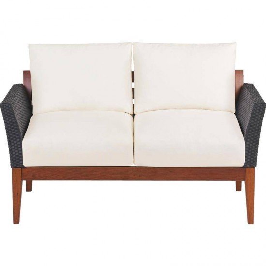 SOFA DE MADEIRA JATOBA COM ASS. E ENC. ESTOFADO E BRACO EM FIBRA PRETA TERRAZZO FIBRA NATURAL