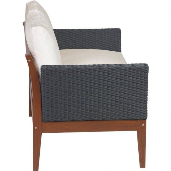 SOFA DE MADEIRA JATOBA COM ASS. E ENC. ESTOFADO E BRACO EM FIBRA PRETA TERRAZZO FIBRA ENV.