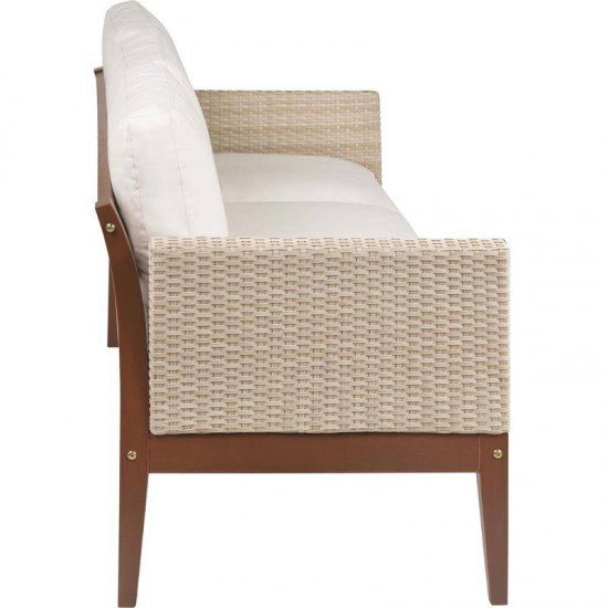 SOFA DE MADEIRA JATOBA COM ASS. E ENC. ESTOFADO E BRACO EM FIBRA BEGE TERRAZZO FIBRA NATURAL