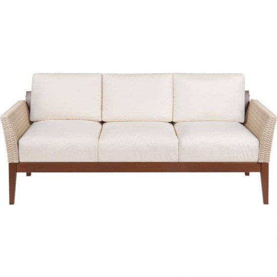 SOFA DE MADEIRA JATOBA COM ASS. E ENC. ESTOFADO E BRACO EM FIBRA BEGE TERRAZZO FIBRA NATURAL