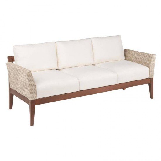 SOFA DE MADEIRA JATOBA COM ASS. E ENC. ESTOFADO E BRACO EM FIBRA BEGE TERRAZZO FIBRA NATURAL