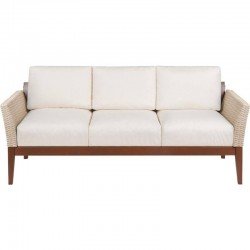 SOFA DE MADEIRA JATOBA COM ASS. E ENC. ESTOFADO E BRACO EM FIBRA BEGE TERRAZZO FIBRA ENV.