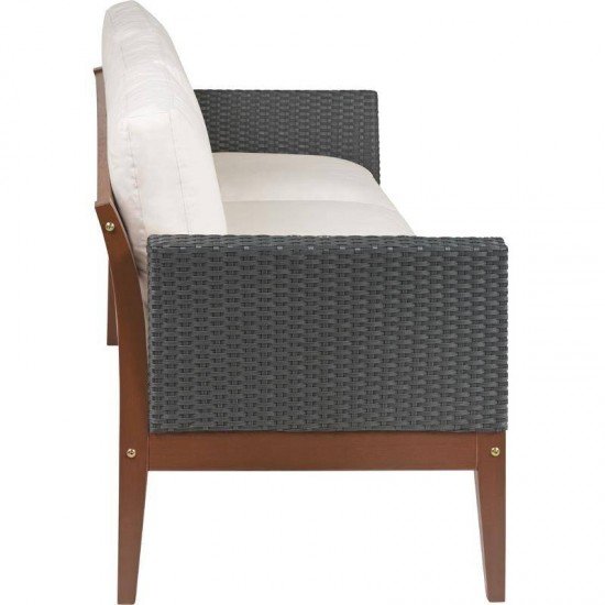 SOFA DE MADEIRA JATOBA COM ASS. E ENC. ESTOFADO E BRACO EM FIBRA PRETA TERRAZZO FIBRA ENV.