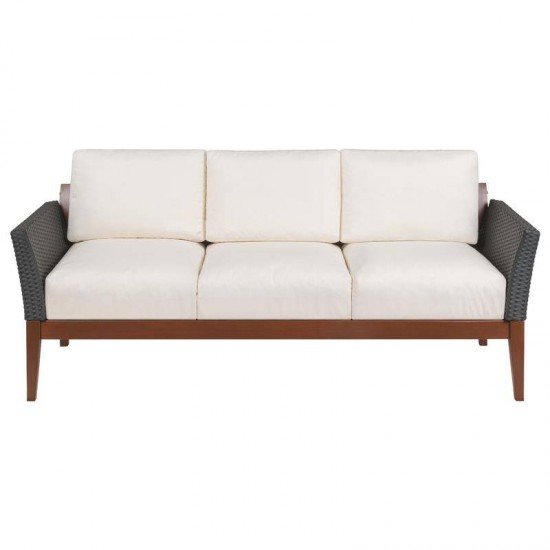 SOFA DE MADEIRA JATOBA COM ASS. E ENC. ESTOFADO E BRACO EM FIBRA PRETA TERRAZZO FIBRA ENV.