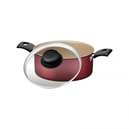 CAÇAROLA TRAMONTINA TURIM EM ALUMÍNIO COM REVESTIMENTO INTERNO E EXTERNO EM ANTIADERENTE STARFLON MAX VERMELHA 18 CM 2 L