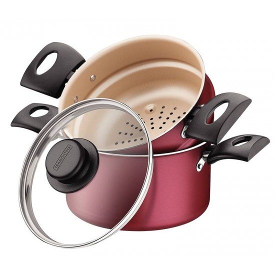 CUSCUZEIRA TRAMONTINA TURIM EM ALUMÍNIO COM REVESTIMENTO INTERNO E EXTERNO EM ANTIADERENTE STARFLON MAX VERMELHO 16 CM