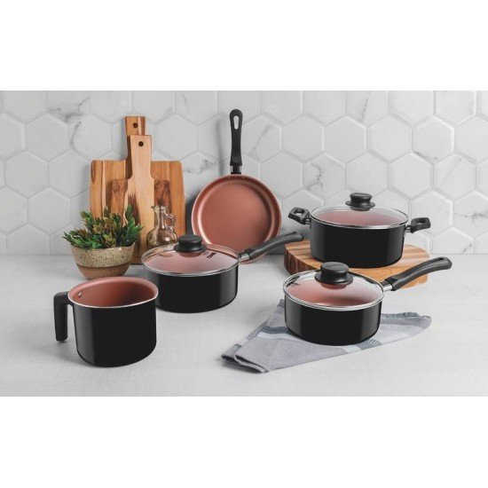 JOGO DE PANELAS TRAMONTINA CARIBE COM REVESTIMENTO INTERNO EM ANTIADERENTE STARFLON MAX E EXTERNO DE POLIÉSTER PRETO 05 PEÇAS