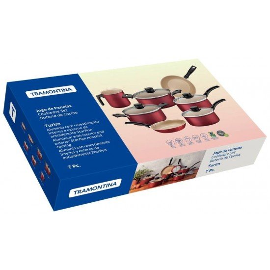 JOGO DE PANELAS TRAMONTINA TURIM EM ALUMÍNIO COM REVESTIMENTO INTERNO E EXTERNO EM ANTIADERENTE STARFLON MAX VERMELHO 07 PEÇAS