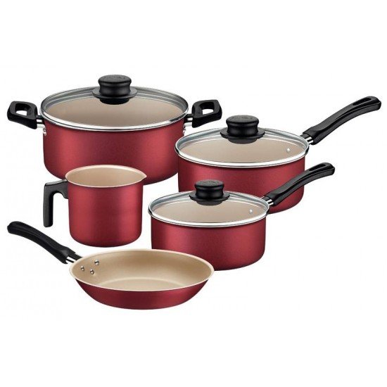 JOGO DE PANELAS TRAMONTINA CARIBE EM ALUMÍNIO COM REVESTIMENTO INTERNO E EXTERNO EM STARFLON MAX VERMELHO 05 PEÇAS