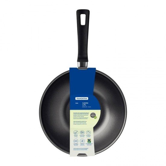 WOK TRAMONTINA LORETO EM ALUMÍNIO COM REVESTIMENTO INTERNO E EXTERNO EM ANTIADERENTE STARFLON MAX GRAFITE 24 CM 2,2 L