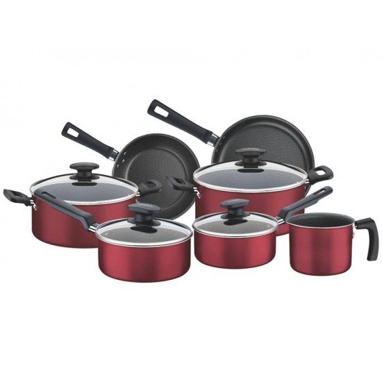 JOGO DE PANELAS 7 PEÇAS BERGAMO VERMELHO SORTIDOS DE ALUMINIO COM REV DE ANTIADERENTE TRAMONTINA