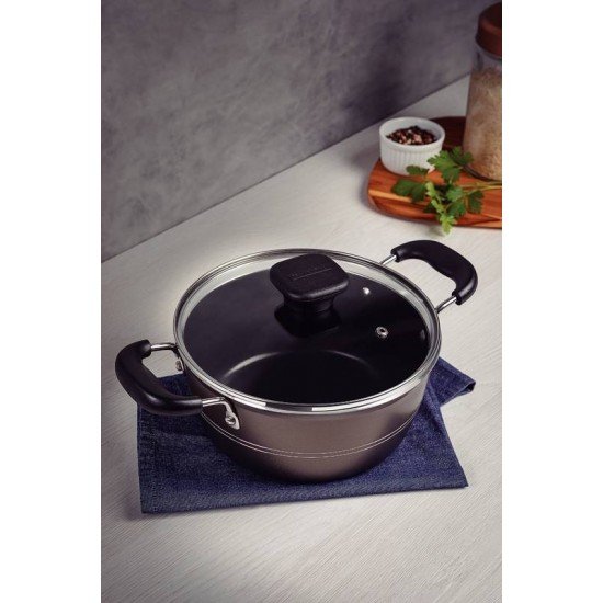 CAÇAROLA TRAMONTINA SICÍLIA EM ALUMÍNIO COM REVESTIMENTO INTERNO E EXTERNO EM ANTIADERENTE STARFLON EXCELLENT AVELÃ 24 CM 4,3 L