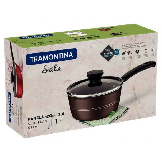PANELA TRAMONTINA SICÍLIA EM ALUMÍNIO COM REVESTIMENTO INTERNO E EXTERNO EM ANTIADERENTE STARFLON EXCELLENT AVELÃ 20 CM 2,4 L