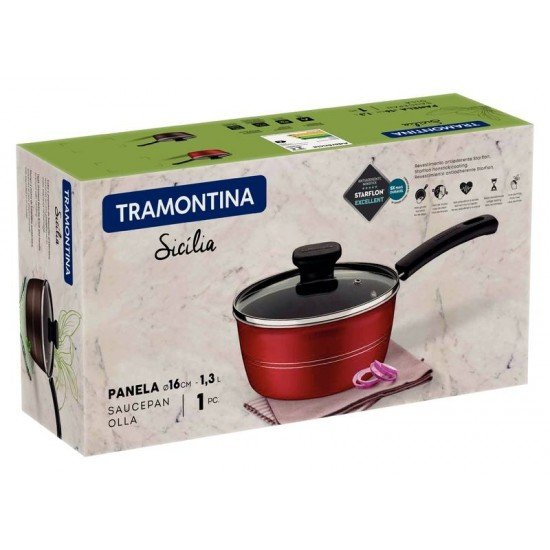 PANELA TRAMONTINA SICÍLIA EM ALUMÍNIO COM REVESTIMENTO INTERNO E EXTERNO EM ANTIADERENTE STARFLON EXCELLENT VERMELHO 16 CM 1,3 L