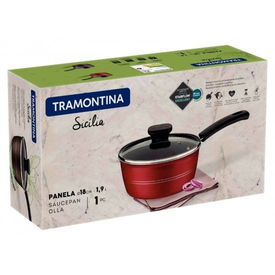 PANELA TRAMONTINA SICÍLIA EM ALUMÍNIO COM REVESTIMENTO INTERNO E EXTERNO EM ANTIADERENTE STARFLON EXCELLENT VERMELHO 18 CM 1,9 L