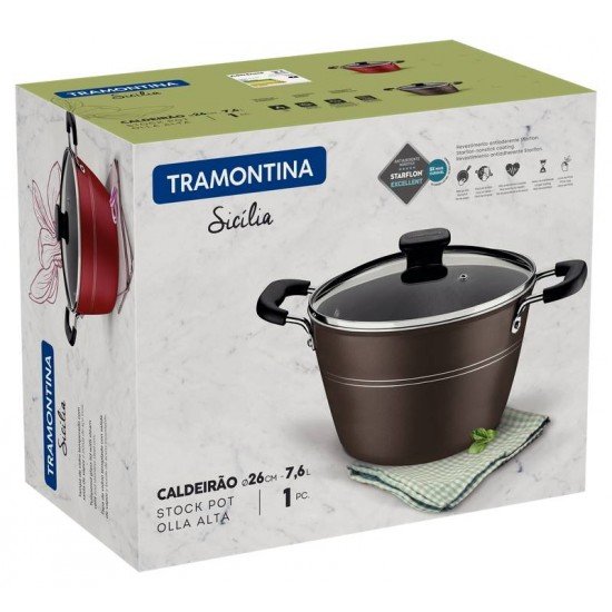 CALDEIRÃO TRAMONTINA SICÍLIA EM ALUMÍNIO COM REVESTIMENTO INTERNO E EXTERNO EM ANTIADERENTE STARFLON EXCELLENT AVELÃ COM TAMPA DE VIDRO 26 CM 7,6 L