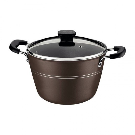 CALDEIRÃO TRAMONTINA SICÍLIA EM ALUMÍNIO COM REVESTIMENTO INTERNO E EXTERNO EM ANTIADERENTE STARFLON EXCELLENT AVELÃ COM TAMPA DE VIDRO 26 CM 7,6 L