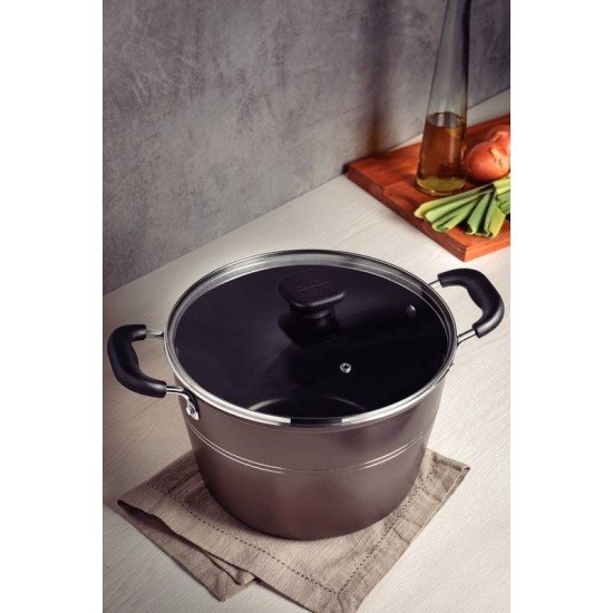 CALDEIRÃO TRAMONTINA SICÍLIA EM ALUMÍNIO COM REVESTIMENTO INTERNO E EXTERNO EM ANTIADERENTE STARFLON EXCELLENT AVELÃ COM TAMPA DE VIDRO 26 CM 7,6 L