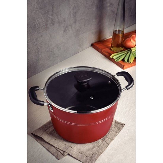 CALDEIRÃO TRAMONTINA SICÍLIA EM ALUMÍNIO COM REVESTIMENTO INTERNO E EXTERNO EM ANTIADERENTE STARFLON EXCELLENT VERMELHO COM TAMPA DE VIDRO 24 CM 5,7 L