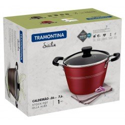 CALDEIRÃO TRAMONTINA SICÍLIA EM ALUMÍNIO COM REVESTIMENTO INTERNO E EXTERNO EM ANTIADERENTE STARFLON EXCELLENT VERMELHO COM TAMPA DE VIDRO 26 CM 7,6 L