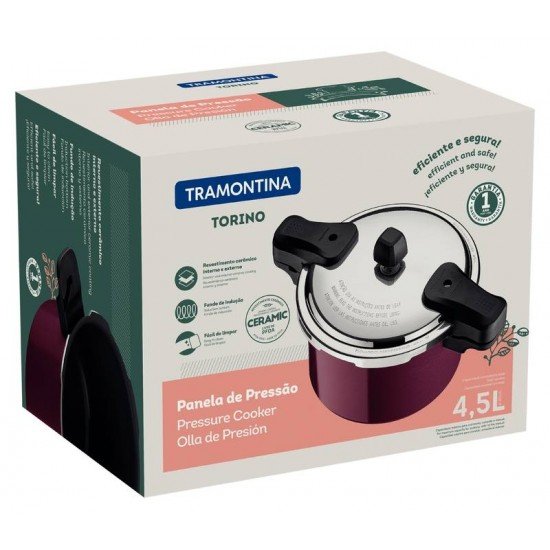 PANELA DE PRESSÃO TRAMONTINA TORINO EM ALUMÍNIO COM REVESTIMENTO INTERNO E EXTERNO CERÂMICO VERMELHO FRAMBOESA 20 CM 4,5 L